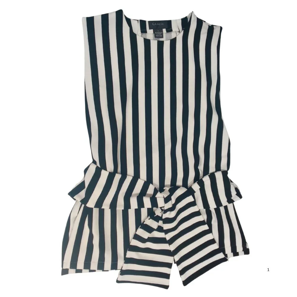 Gracia Black White Striped Open Side Tie Waist Tunic Top Women L - Picture 3 of 6